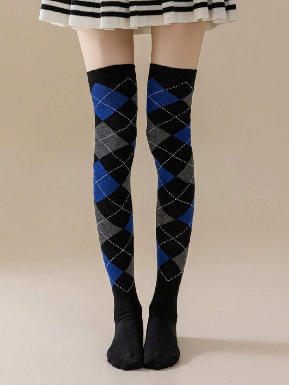 Women's Argyle Diamond Plaid Black Blue Grey Over The Knee Thigh High Socks
